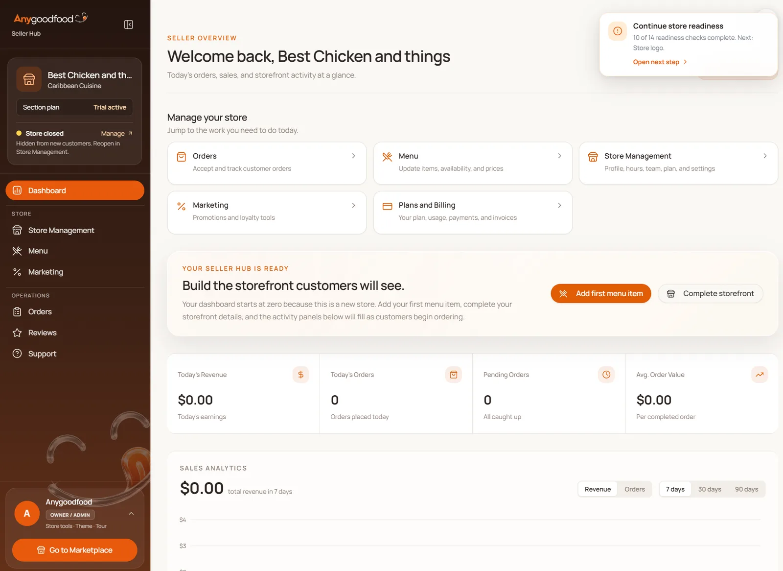 The Anygoodfood Seller Hub dashboard, showing orders, menu management, store settings, and sales activity